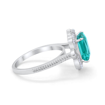 Halo Emerald Cut Engagement Ring Simulated Paraiba Tourmaline CZ 925 Sterling Silver